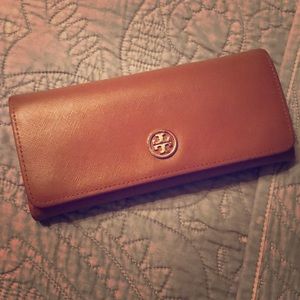 Brown Tory Burch wallet, with Pink accent